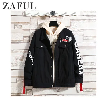 

ZAFUL Letter Printed Denim Jacket 2019 Autumn Winter Warm Turn-Down Collar Streetwear Long Sleeves Outdoor Casual Mens Jacket