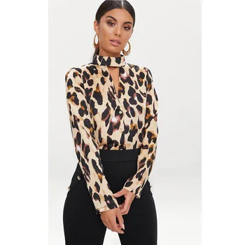 

Women Halter Choker Leopard Blouse Ladies Shirts Tops Casual Long Sleeve Print Plus Size Blouses Shirts Blusas 2XL Fashion