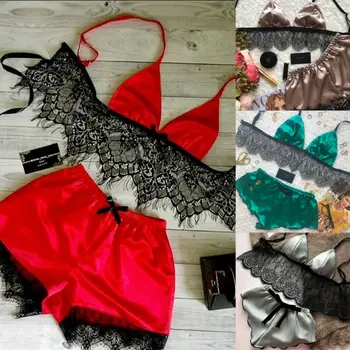 

New Arrival US Women's Underwear Sexy Lingerie Pajamas Silk Strap lace V-neck top with bow shorts Crop Tops Bralette&Panty Sets