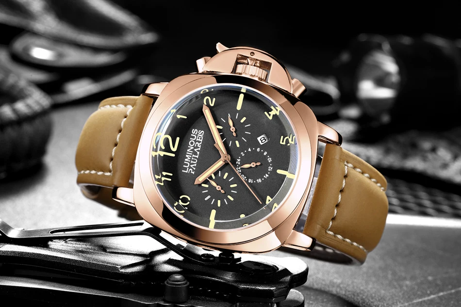 Automatic Self Wind Mechanical Genuine Brown Leather Strap Multifunction Date Month Yellow Green Luminous Rose Gold Men Watch