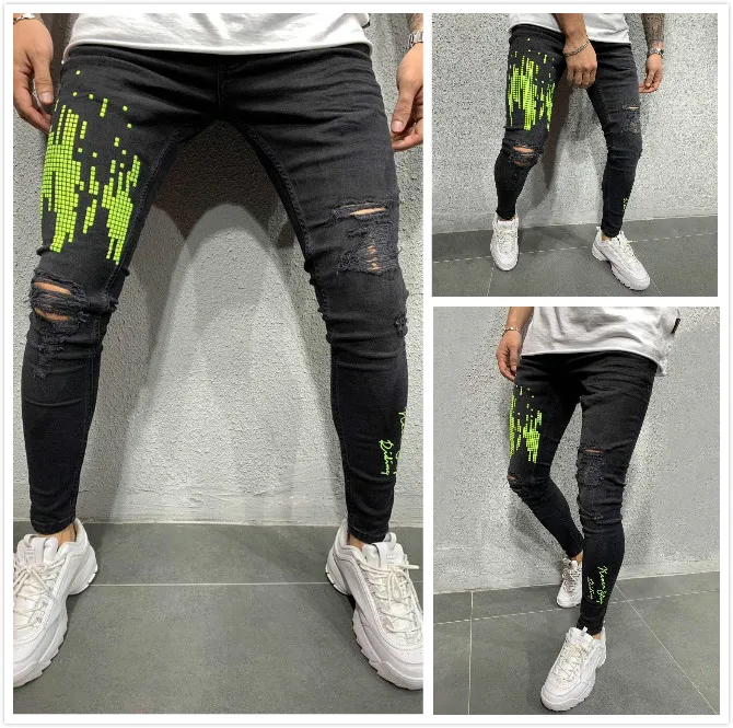 

Men's fashion Printed Jeans Zipper Feet Fashion Black Jean Sportswear Pants plus Size Hole Jeans Men's pants