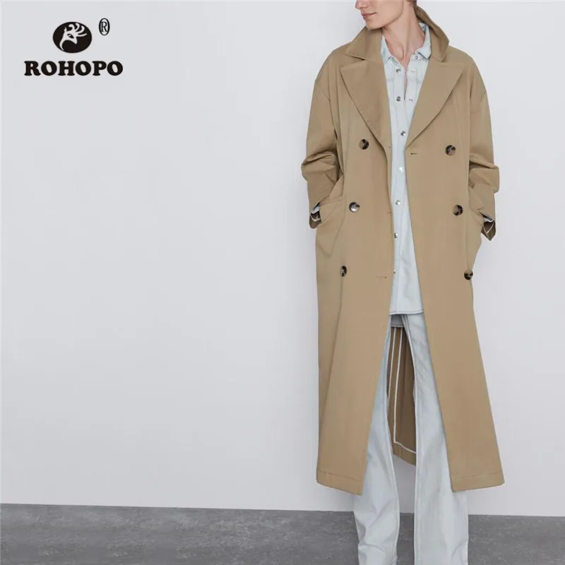 

ROHOP Notched Collar Double Breast Khaki Cotton Midi Trench Coat Side Flaps Welted Pockets Back Split Hem Autumn Overcoat #2179