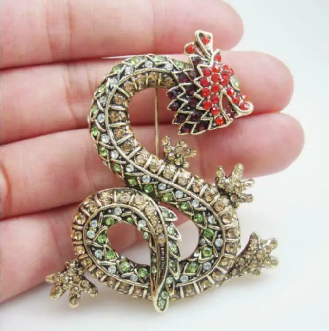 New Vintage Style Dragon Animal Brooch Pin Multi-color Rhinestone Crystal Metal Gifts For Men Brooches Enamel Pins