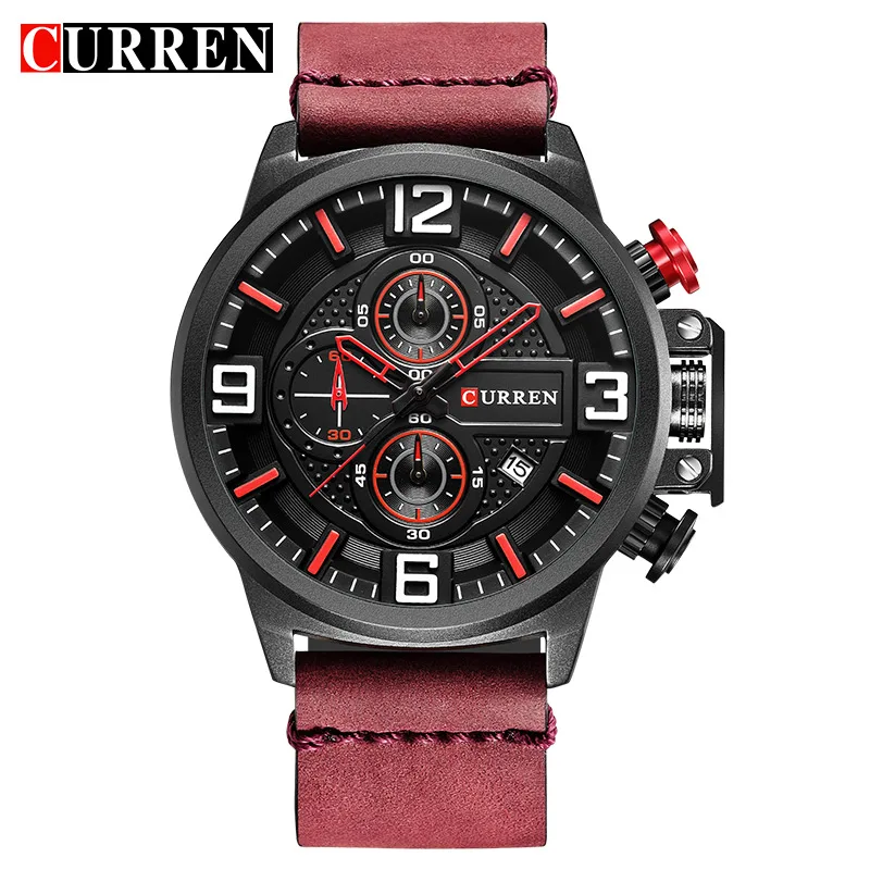 

Men's Watches CURREN Fashion&Casual Sports with Date Chronograph Red Wristwatch Waterproof Quartz Male Clock Relogio Masculino