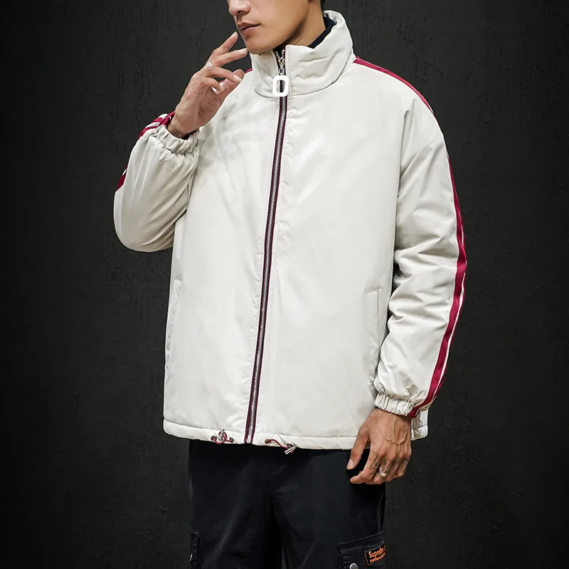 Winter New Style Men Casual Cotton-padded Jacket Trend Versitile Fashion Contrast Color Stripes Printed Stand Collar Cotton