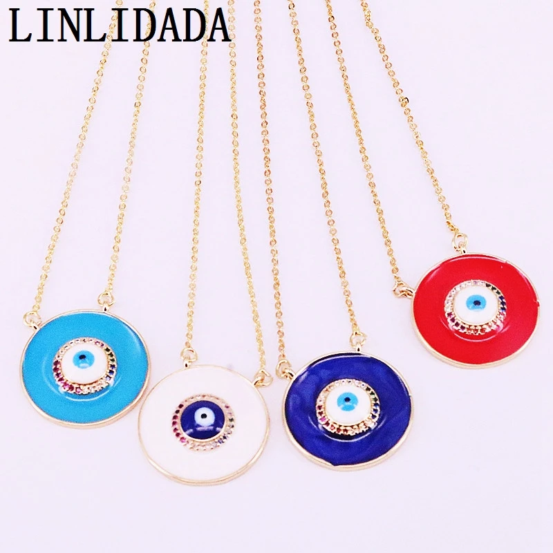 

10Pcs Gold Filled Fashion Multi CZ Micro Paved Round Eye Enamel Pendant Necklaces For Women Jewelry
