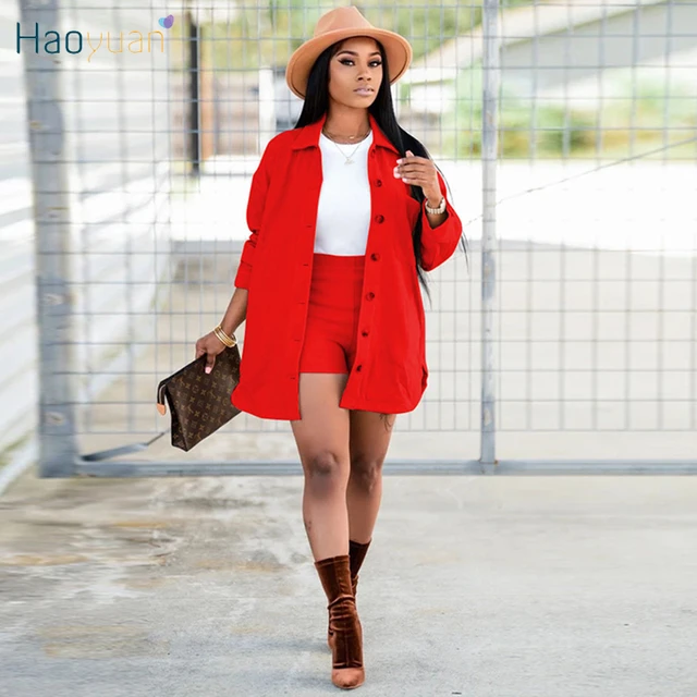 Haoyuan Sexy Two Piece Set Long Sleeve Button Long Coat Shorts Fall Winter  Clothes Birthday Outfits For Women Fashion Streetwear - Short Sets -  AliExpress