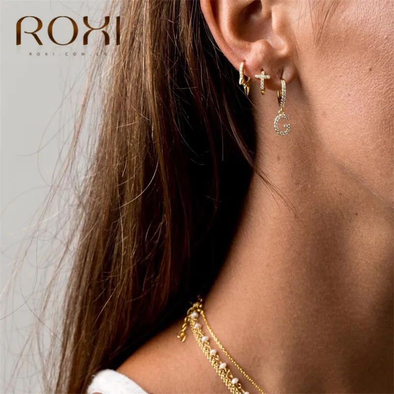 ROXI модные серьги из стерлингового серебра 925 пробы для женщин ювелирные изделия нежные прозрачные чешские камни крест круглые серьги гвоздики Pendientes