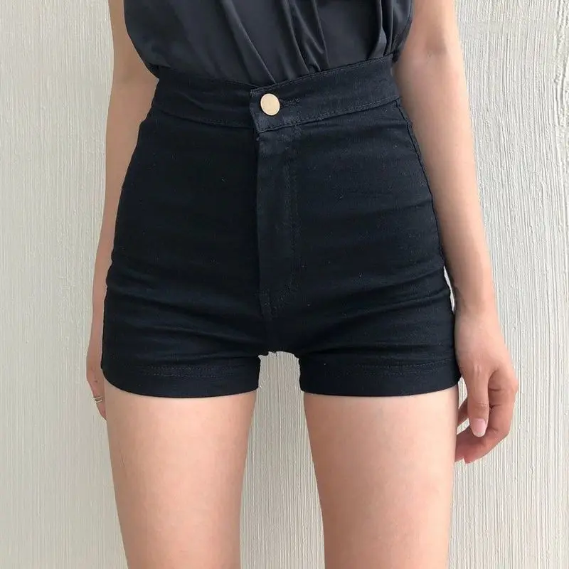 Black High-Waist Denim Sports Shorts Women Summer New Sexy Tight-Fitting Thin Stretch Long-Legged Hot All-Match Bag Hip Shorts