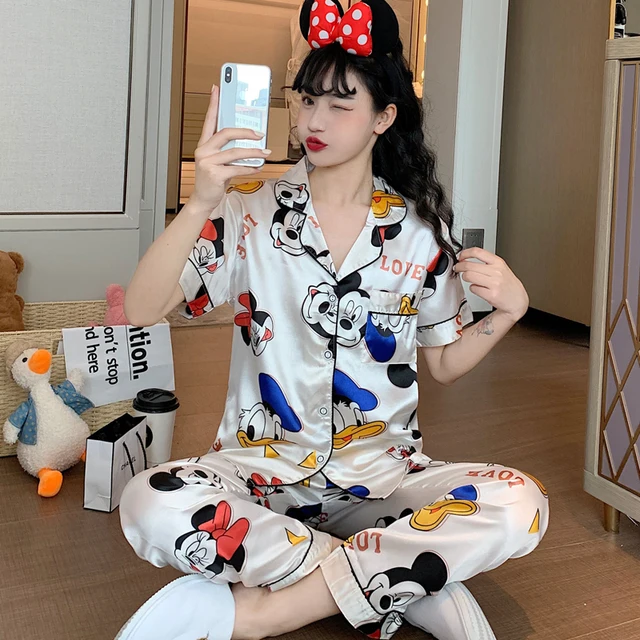 Disney Cute Silk Pajamas for Women Fall Home Suit Mickey Mouse Pyjamas Pj Set Satin Nightwear Sleepwear 2021 Pijama Verano Mujer 5339  White