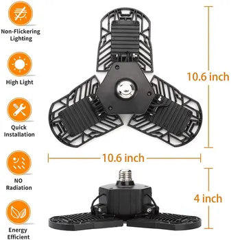 

80W LED Garage Light Deformable Ceiling Lamp 6000LM E26 Basement Lights With 3 Adjustable Panel LED Bulbs For Studio Warehouse