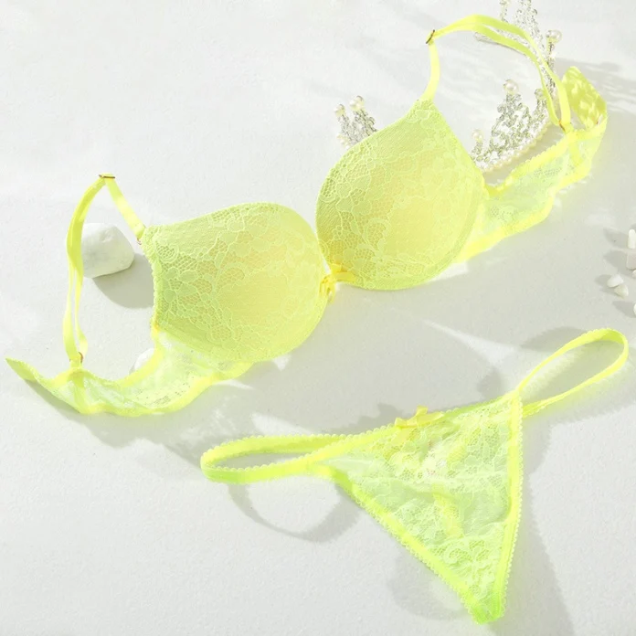 Conjunto de bragas y sujetador Sexy de realce con superficie de encaje en V profundo de algodón, Tanga con lazo a juego, ropa interior cómoda, conjunto de lencería íntima para mujer