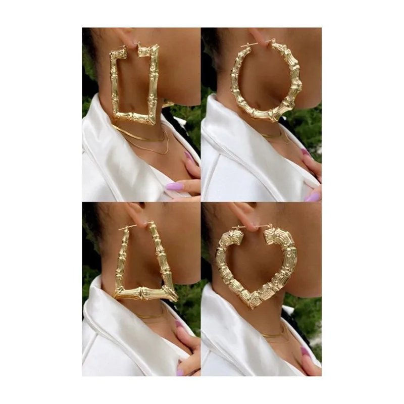 Big Bamboo Gold Dook Knocher Earrings Hip-Hop Oversized Hoop 90s Geometric Shape for Women's Fashion Jewelry | Украшения и