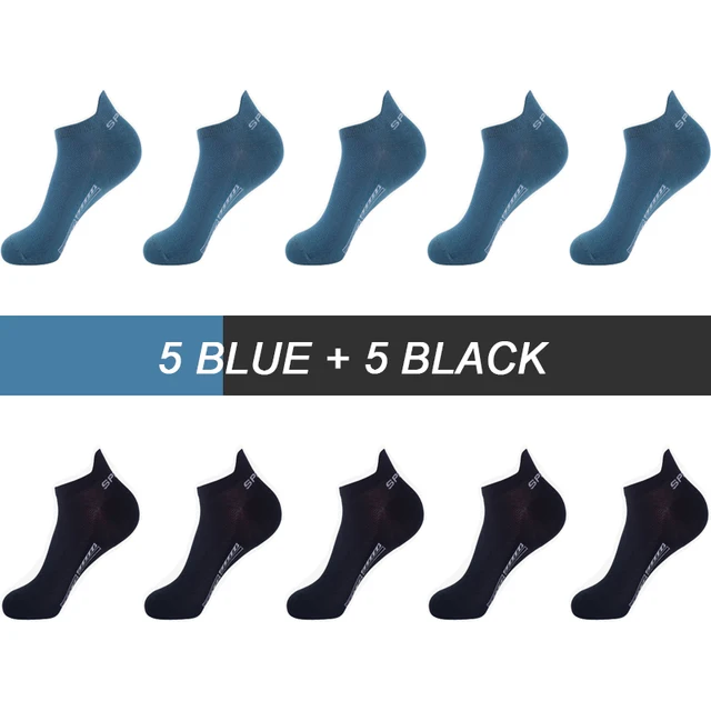 10Pairs High Quality Men Ankle Socks Breathable Cotton Sports Socks Mesh Casual Athletic Summer Thin Cut Short Sokken Size 38-44 5 Black 5 Blue