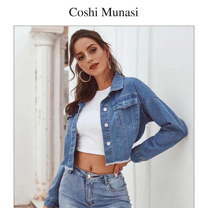 

Women Solid Turn-Down Collar Jean Jacket Loose Casual Blue Fashion Frayed Washed Short Denim Long-Sleeve Female Denim Feminine