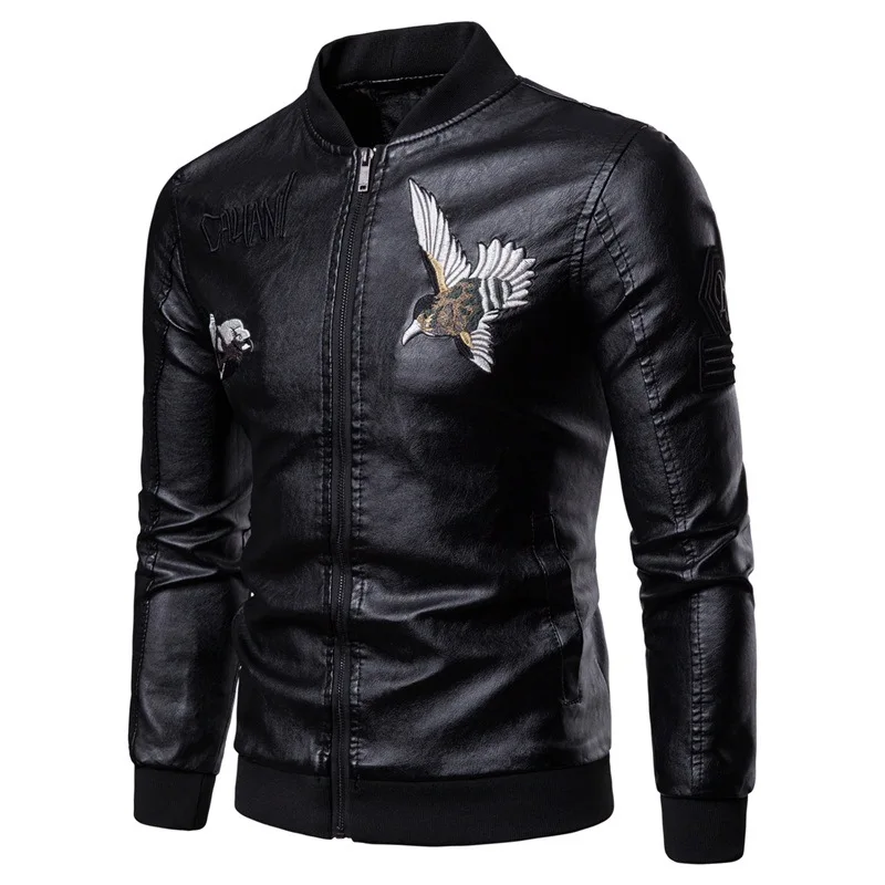 

Leather Jacket Men 2019 Autumn Winter New Fashion Zipper Bomber Jackets Male Motorcycle Men's Coat Bird Embroidery Biker Jacket