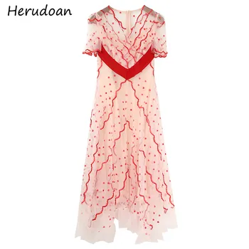 

Herudoan Fashion Designer Summer Dress Women V-Neck Embroidery Ruffles Elegant Ladies Party Mesh Midi Dresses vestidos