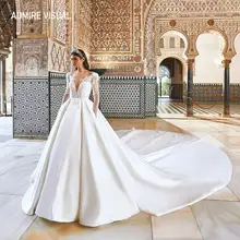 Najnowszy suknia ślubna dla panny młodej suknia pełna rękawy klasyczny głęboki dekolt w serek Custom Made Plus rozmiar Vestidos De Novia