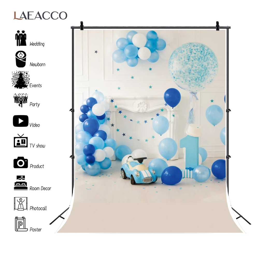 

Laeacco White Chic Wall Balloons Happy Baby 1st Birthday Party Background Fireplace Toys Car Baby Portrait Photography Backdrops
