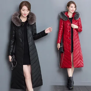 

2019 Winter Women Long Leather Jacket Outerwear Plus Size Female Jackets High Quality Fox Collars Thicken Down Leather Coats 620