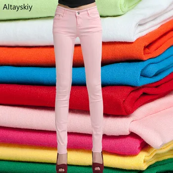 

Jeans Women Candy Color All-match Slim Single Button Pockets Elegant Simple Daily Korean Style Students Womens Ladies Long 2020