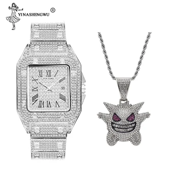 

Hip Hop Men Jewelry Mask Gengar Necklace & Square Watch New Arrival Pokemon Pendant Cubic Zircon Copper Necklace Iced Out Chain