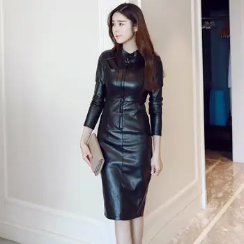 

Fashion Slim PU Leather Dress Women Long Sleeve Black Party Dress Elegant Sexy Bodycon Dress Vestido Mujer Ladies Dresses C6137