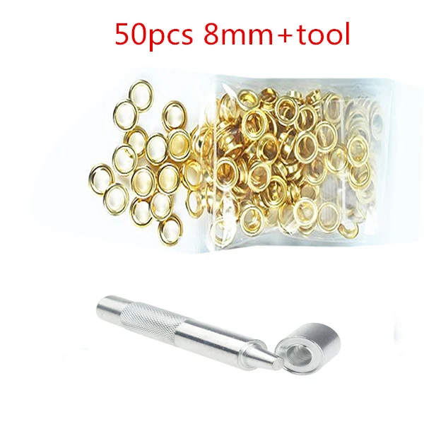 gold 8mm 50 шт.+ 1 Набор инструментов 3,5-10 мм Металлические Люверсы с люверсами для кожевенного ремесла ремешок на туфли DIY Скрапбукинг крышка сумка бирка одежда аксессуары - Цвет: gold 8mm