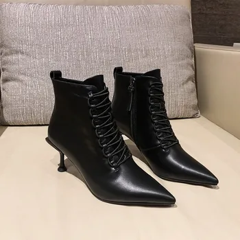 

MLJUESE 2020 women ankle boots cow leather winter short plush pointed toe thin heel high heels female boots party size 34-40