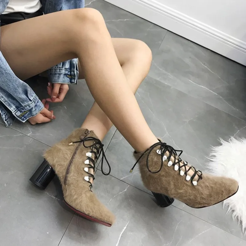 

Winter Boots Lady Booties Woman 2019 High Heels Female Shoes Luxury Designer Plush Lace Up Boots-women 2020 Stiletto Ladies