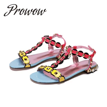 

Prowow New Summer Autumn Open Toe Studded Sandals T Strap Pearl Beading Heel Sandals Shoes Women