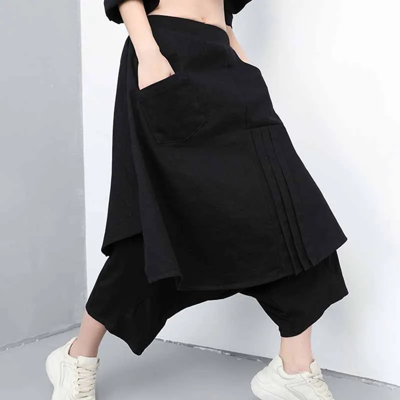 

SexeMara 2019 Autumn New Elasticity Waist Fake 2 Pcs Pocket Irregular Stitching Solid Color Ladies Fashion Skirt Pants CPT06