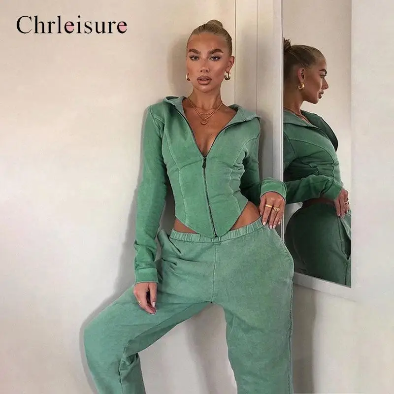 Cotton Solid Two Piece Set Women 2020 Autumn Full Sleeve Zipper Tops+Pants Outfits Fashion Fitness Casual For |