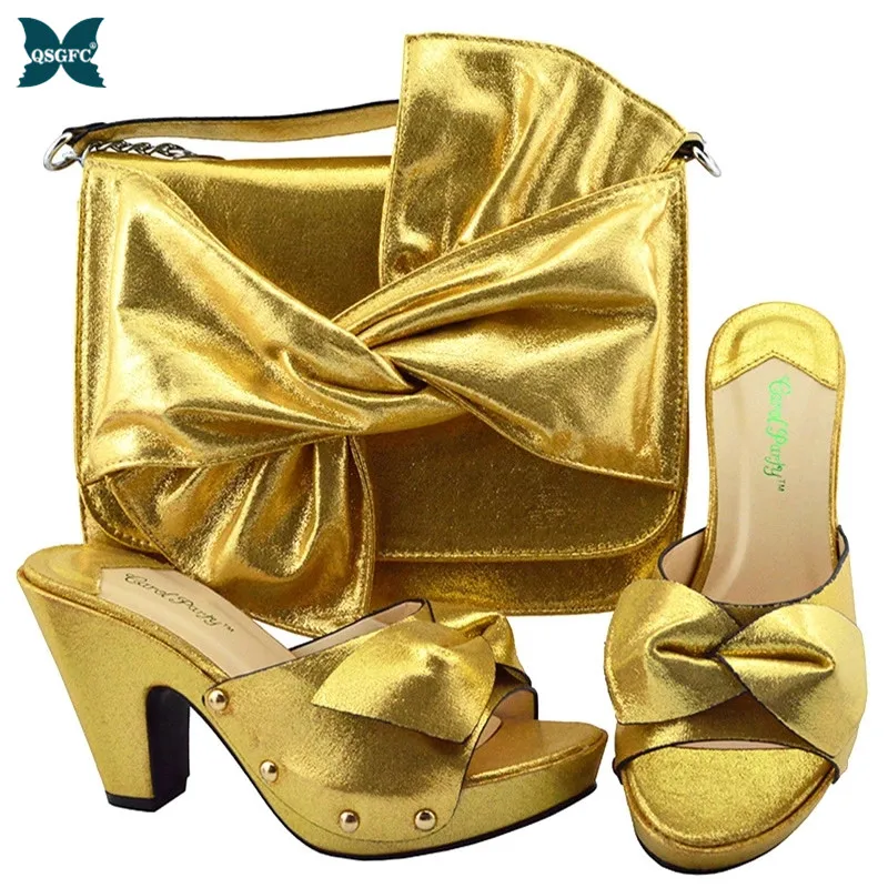 

Latest Italian Design Hot Sale New Fashion Gold Color Woman Shoes and Purse Set Elegant Nigerian Women Pumps Shoe for Party