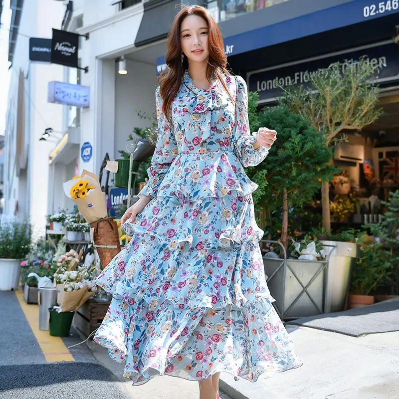 

Dabuwawa Spring V-Neck Print Chiffon Maxi Dress for Girls Women New Long Puff Sleeve A-Line Boho Holiday Dress DN1ADR025