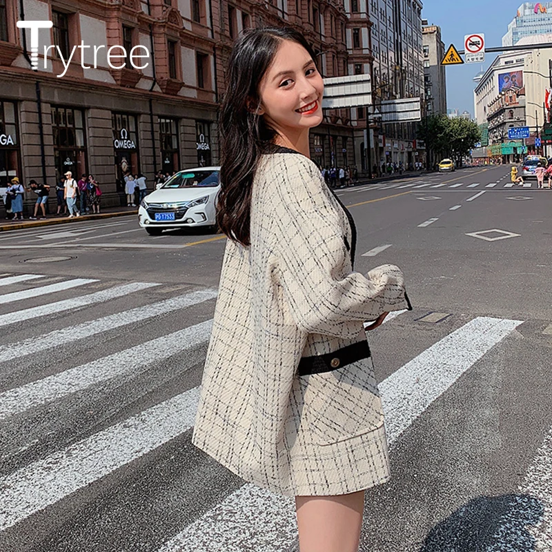 Осенне зимнее женское повседневное клетчатое пальто Trytree вязаное однобортное