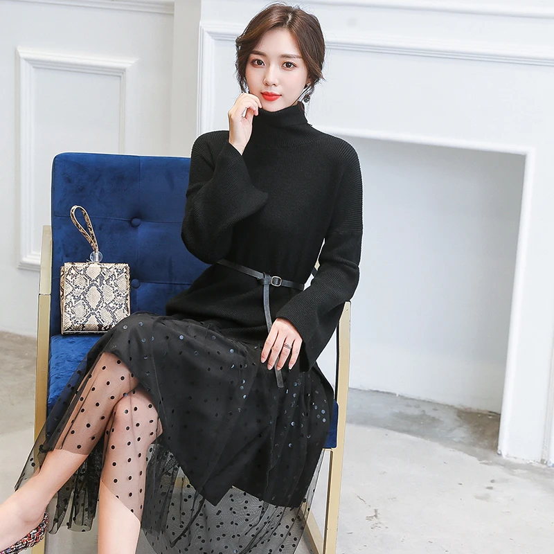 Korean Autumn Sweater Dress Women Winter Woman Knitted Dresses Women Turtleneck Sweaters Dress Plus Size Polka Dot Tulle Dresses