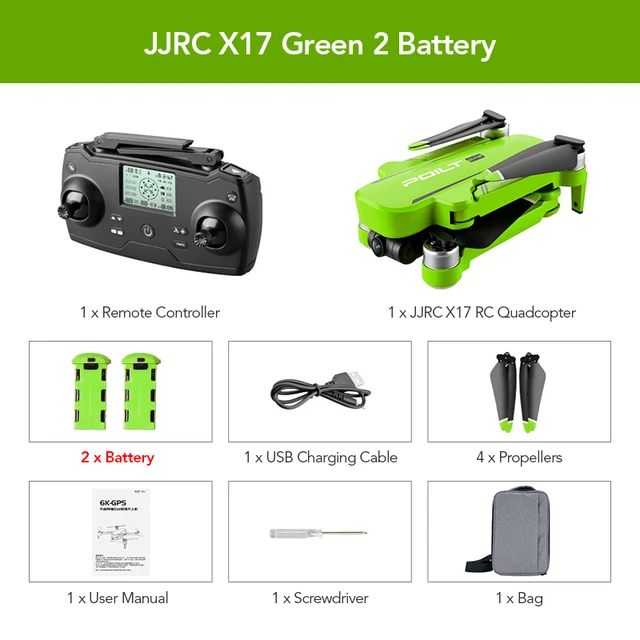 JJRC X17 GPS 6K ESC HD Camera 5G WiFi Brushless 2-Axis Gimbal Optical Flow Positioning Foldable RC Drone PRO Quadcopter RTF GIFT 2 Battery Green
