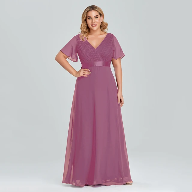 Plus Size Evening Dresses Long XUCTHHC Elegant A Line V Neck Ruffles Chiffon Formal Wedding Party Dress Robe De Soiree 2021 Oinon  Pink