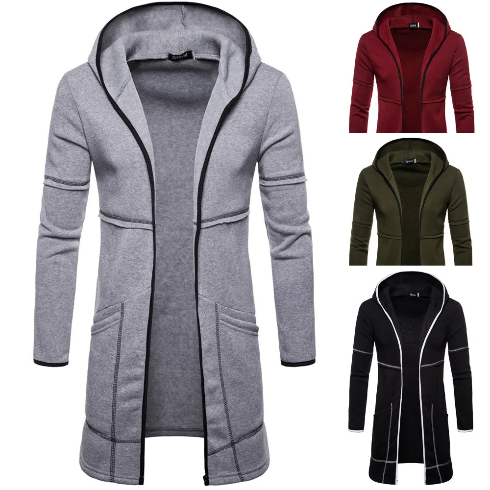 2021 Fashion Mens Hooded Solid Tops Trench Coat Jacket Cardigan Long Sleeve Outwear Blouse High Quality Daily Warm Sweatshirt 1
