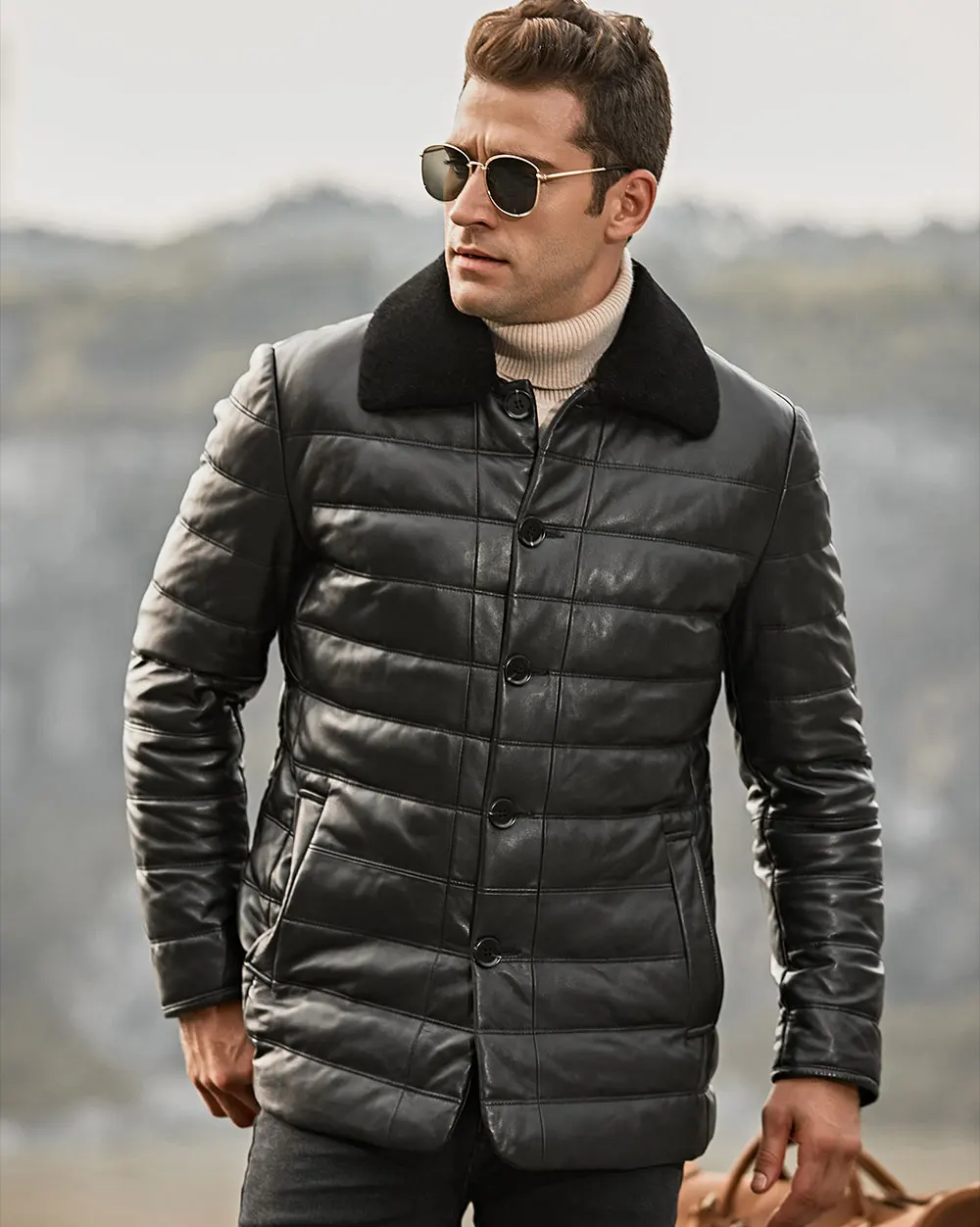 Kожаная куртка мужская пуховое пальто из шкуры ягненка FLAVOR, кожаная куртка с воротником из овечьей шерсти, жакет из натуральной кожи для зимы
