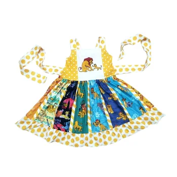 

kid fashion shoulder-straps sweet dress baby girl cute belt twirl patchwork lion print pattern knee length dress with dot ruffle