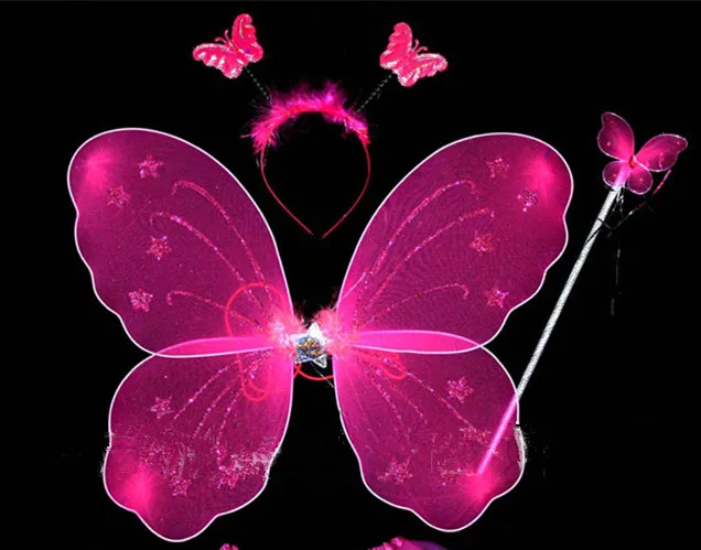 Детский костюм сказочной принцессы для девочек из 4 предметов яркая сценическая одежда юбка-пачка с крыльями бабочки и повязкой на голову - Цвет: 3Pcs Rose Red