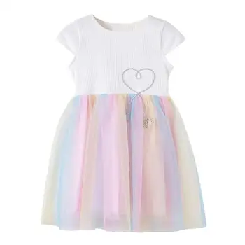 

rainbow dress age for 3 - 12 yrs little girls summer beach clothes cute heart colorful lace tulle gowns short sleeve kids frocks