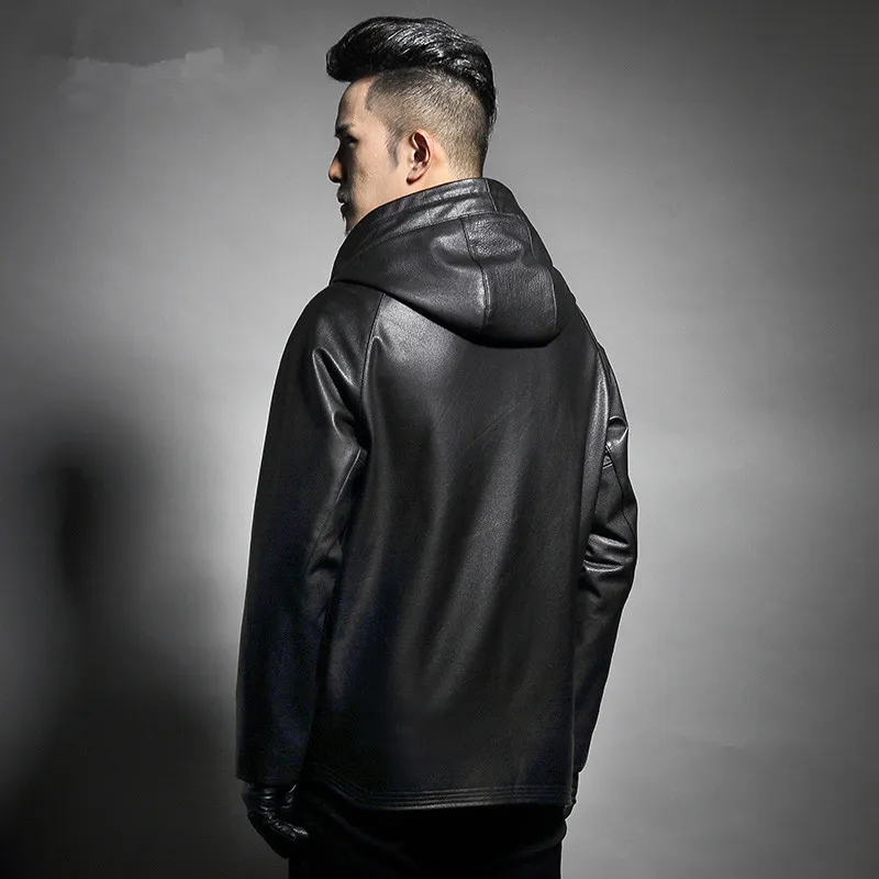 

Mens Genuine Cow Leather Jackets Spring Auutmn Hooded Windbreakers Plus Size 6XL Casacas Para Hombre F1826 MF128