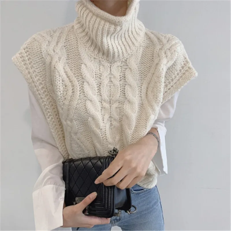 

Autumn Winter Turtleneck Sleeveless Sweater Vest Women Fashion Twist Pattern Short Pullover Waistcoat Casual Loose Knitwear Tops
