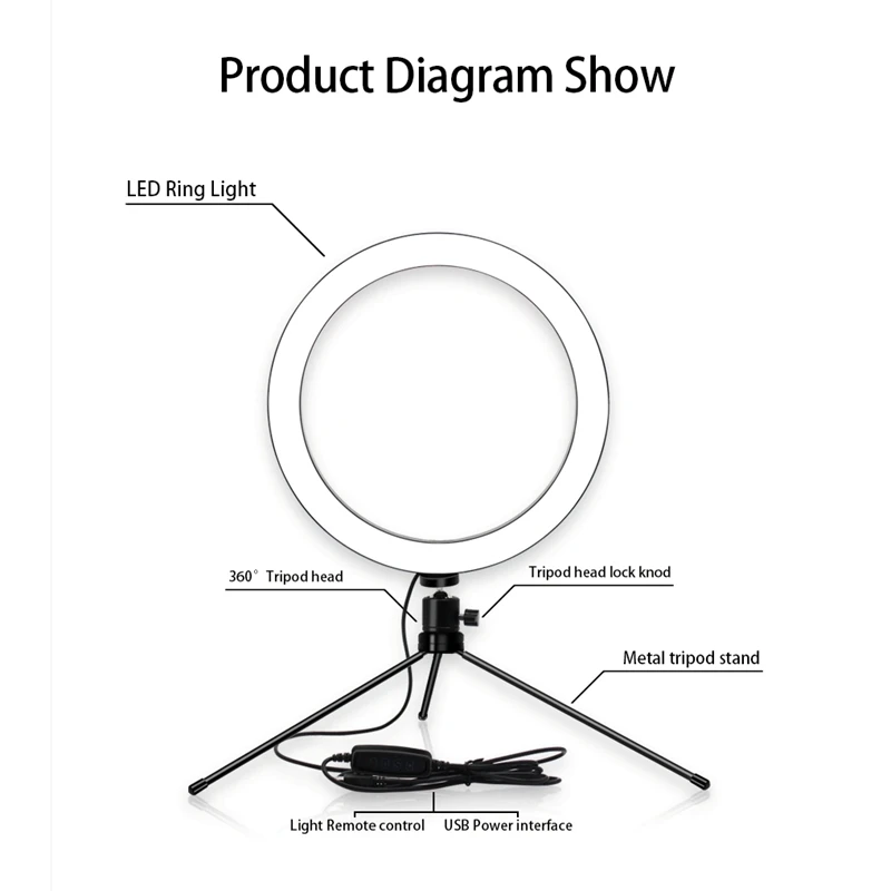 Tripod Phone Holder Clip with 26Cm LED Ring Light Camera Photography Annular Lamp Studio Ringlight for Makeup Video Live Studio