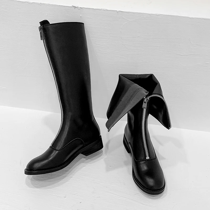 

Women knee-high boots natural Leather shoes 22-25 cm length 3cm heel Spring and autumn cow leather shoes Front zip boots women