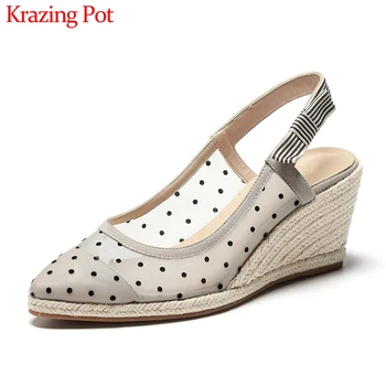 

Krazing pot kid suede air mesh polka dot cute butterfly-knot sandals pointed toe high heels straw wedges elegant shoes women L25
