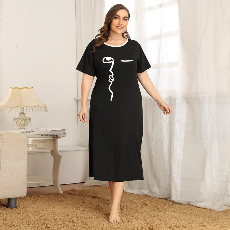 Summer Loose Large Size Nightgowns for Women Long Cartoon Ms Nightwear Nightdress Cotton and Short Sleeve Sleepshirt XL -4XL
